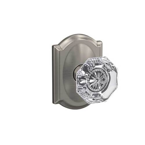 Alexandria Knob with Camelot Rose Passage and Privacy Lock with 16600 Latch and 10027 Strike Satin Nickel Finish