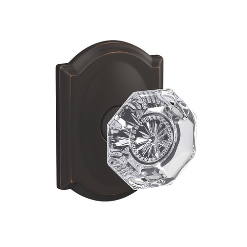 Alexandria Knob with Camelot Rose Passage and Privacy Lock with 16600 Latch and 10027 Strike Aged Bronze Finish