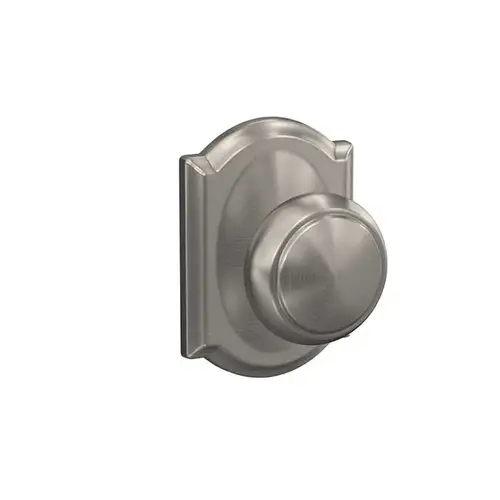 Andover Knob with Camelot Rose Passage and Privacy Lock with 16600 Latch and 10027 Strike Satin Nickel Finish