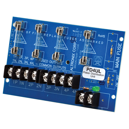 UL Listed Power Distribution Module, 12/24VDC up to 10A Input, 4 Fused Outputs up to 28VAC/DC