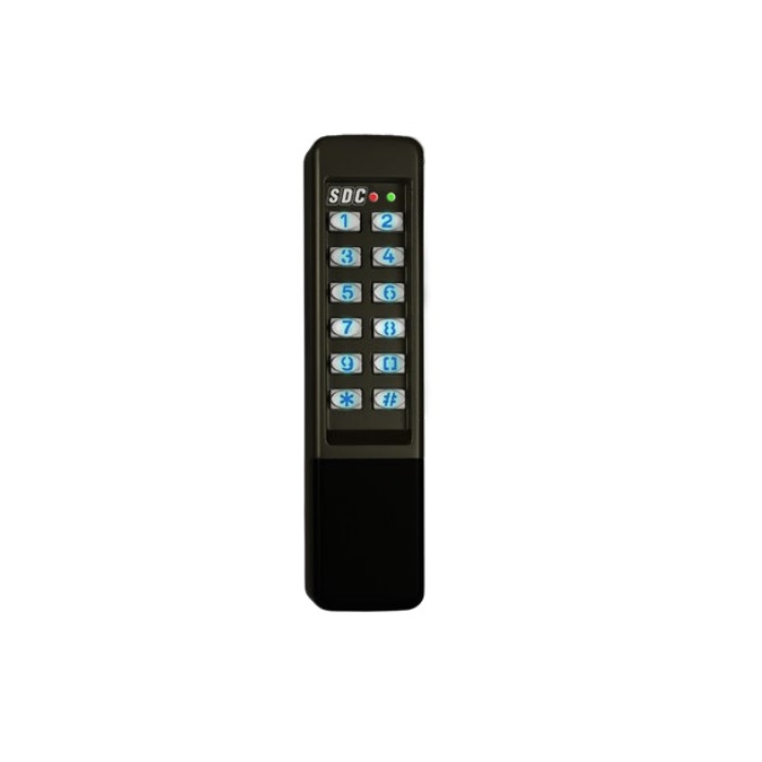 Security Door Controls 923 Narrow Stand Alone Indoor/Outdoor Digital Weatherized Keypad, 500 User, 1-6 Digit Pin, Surface Mount, 1-3/4" x 7-5/16" x 1-3/8", Keypad Programming, 4 Outputs, 2 Relays and 2 Solid State Outputs Timed or Latching, LED Status, 335 Black Powder Coat Finish