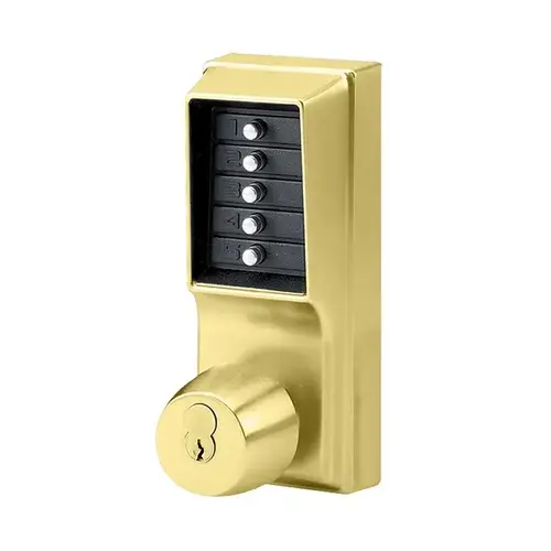 Pushbutton Cylindrical Knob Lock, Grade 1 Combination Entry/Passage Functions with Key Override, 2-3/4" Backset, 1/2" Throw Latch, SFIC Prep, Less Core, Bright Brass Finish, Field Reversible