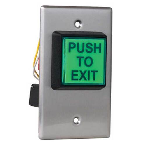 Illuminated Timed Egress Push Button, Single Gang Faceplate, 2" Green PUSH TO EXIT, Single Gang, Deep In-Wall Mounting Box Included