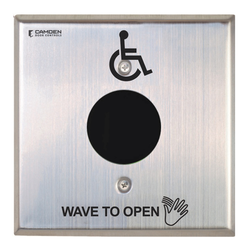 Camden CM-333/42SW SureWave CM-333 Series Touchless Switch, 1" to 12" Range, 1 Relay, Double Gang Stainless Steel Hand Icon/'Wave to Open' Text/Wheelchair Symbol Faceplate, Includes 2 'AA' Alkaline Batteries, Stainless Steel Finish Applied