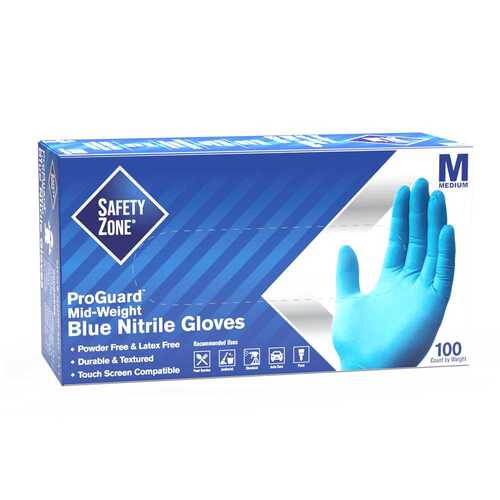 THE SAFETY ZONE GNPR-MD-1M Powder Free Nitrile Disposable Gloves, Blue, Medium