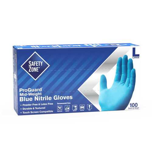 THE SAFETY ZONE GNPR-LG-1M Powder Free Nitrile Disposable Gloves, Blue, Large