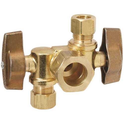 1/2 in. Nominal Inlet x 3/8 in. O.D. Comp x 1/4 in. O.D. Dual Outlet Dual Shut-Off 1/4 in. Turn Angle Ball Valve Rough Brass