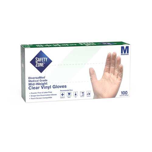 THE SAFETY ZONE GVEP-MD-1C Medical Grade Powder Free Vinyl Disposable Gloves, Clear, Medium