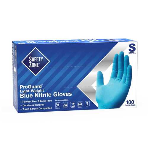 THE SAFETY ZONE GNPR-SM-1A Powder Free Nitrile Disposable Gloves, Blue, Small