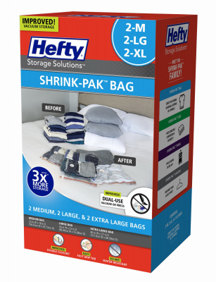 Hefty HFT-7052463-2 Shrink-Pak Clothes Storage Bags, 2 Medium, 2 Large, 2 XL  pack of 6 Clear