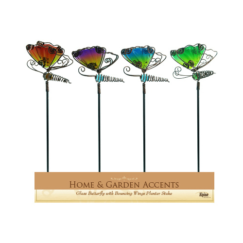 ALPINE WQA308ABB Butterfly Planter Stake, Glass, 15-In., Assorted Colors
