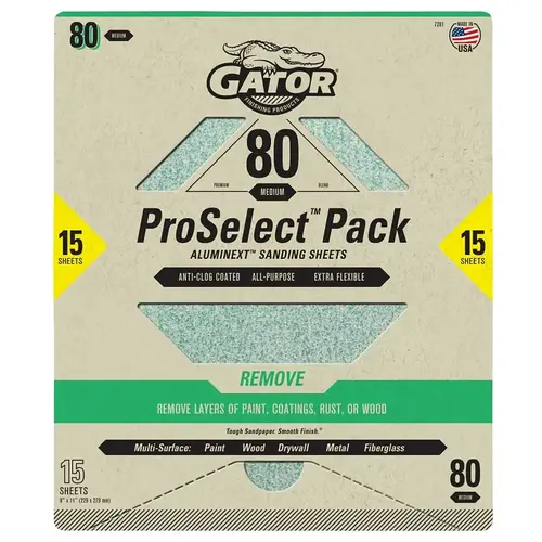 GATOR 7281 Sanding Sheet, 11 in L, 9 in W, Medium, 80 Grit, Aluminum Oxide Abrasive - pack of 15