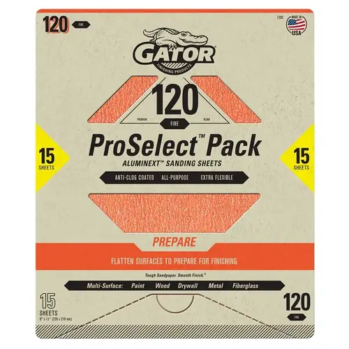GATOR 7282 Sanding Sheet, 11 in L, 9 in W, Fine, 120 Grit, Aluminum Oxide Abrasive - pack of 15