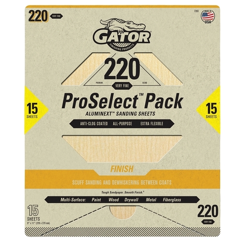 GATOR 7283 Sanding Sheet, 11 in L, 9 in W, Very Fine, 220 Grit, Aluminum Oxide Abrasive - pack of 15