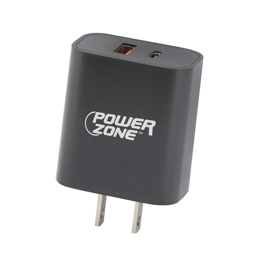 PowerZone CA-43AT PD+QC Dual USB Wall Charger, 100 to 240 V Input, 3 A Charge, Black