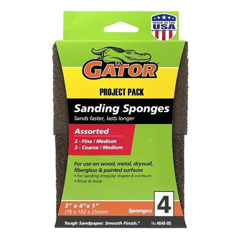 GATOR 464805 Multi-Surface Sanding Sponge, 4 in L, 3 in W, Aluminum Oxide Abrasive - pack of 4