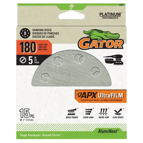 GATOR 9025 5 In. 180-Grit 8-Hole Pattern Vented Sanding Disc with Hook & Loop Backing - pack of 15