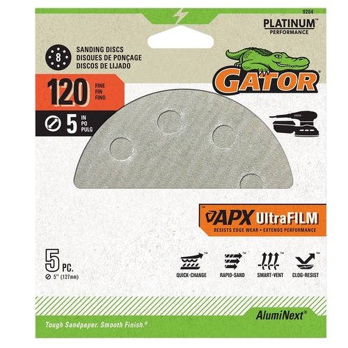 GATOR 9204 Sanding Disc, 5 in Dia, 120 Grit, Aluminum Oxide Abrasive, 8-Hole - pack of 5
