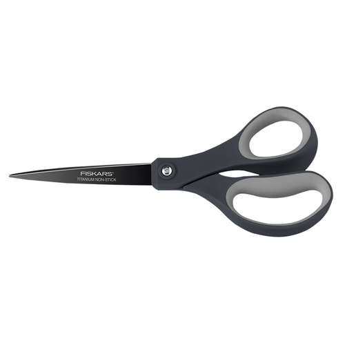 Scissors, 8 in OAL, Stainless Steel Blade, Soft Grip Handle, Gray Handle