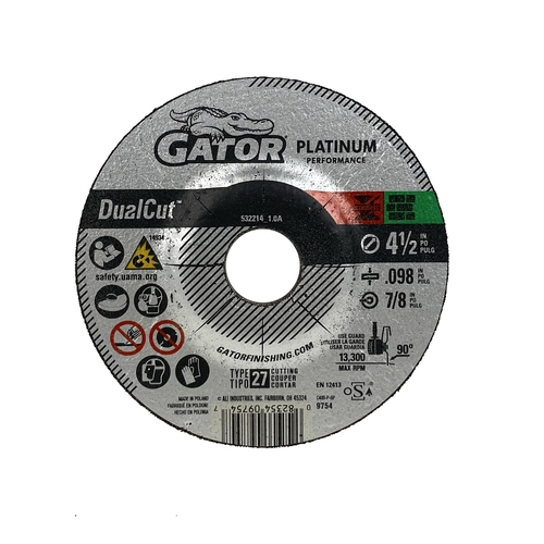 GATOR 9754 Cut-Off Wheel, 4-1/2 in Dia, 0.098 in Thick, 7/8 in Arbor, Aluminum Oxide Abrasive
