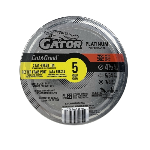 GATOR 97525 Cut-Off Wheel, 4-1/2 in Dia, 5/64 in Thick, 7/8 in Arbor, Aluminum Oxide Abrasive - pack of 5