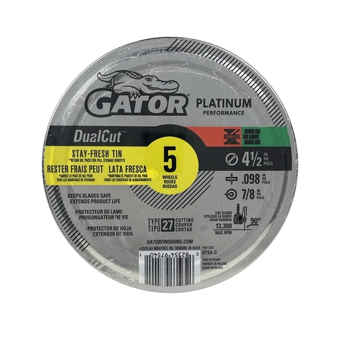 GATOR 97545 Cut-Off Wheel, 4-1/2 in Dia, 0.098 in Thick, 7/8 in Arbor, Aluminum Oxide Abrasive - pack of 5