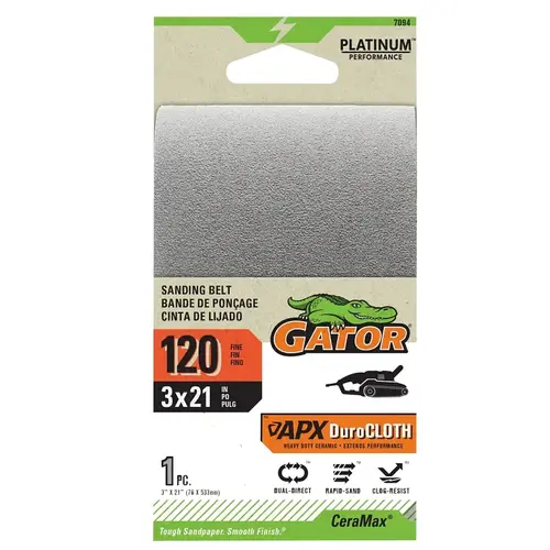 GATOR 7094 Portable Sander Belt, 3 in W, 21 in L, 120 Grit, Ceramic Abrasive Black