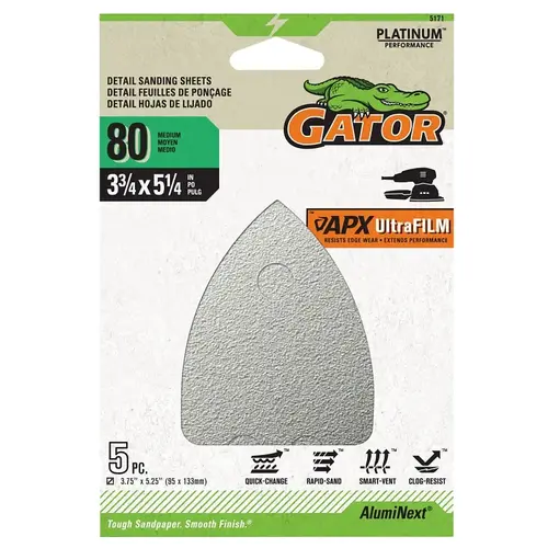 GATOR 5171 Mouse Sander Abrasive Sheet, 5-1/4 in L, 3-3/4 in W, Medium, 80 Grit, Aluminum Oxide Abrasive - pack of 5