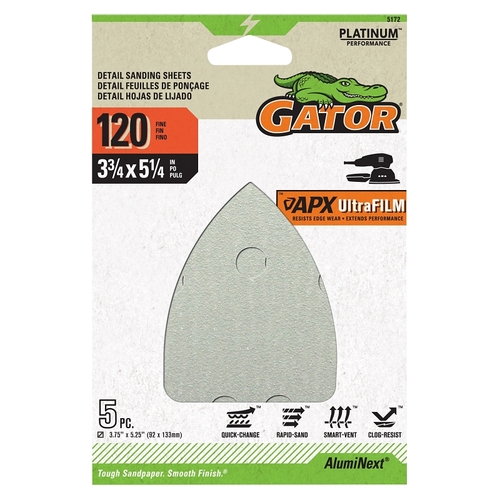GATOR 5172 Mouse Sander Abrasive Sheet, 5-1/4 in L, 3-3/4 in W, Fine, 120 Grit, Aluminum Oxide Abrasive - pack of 5