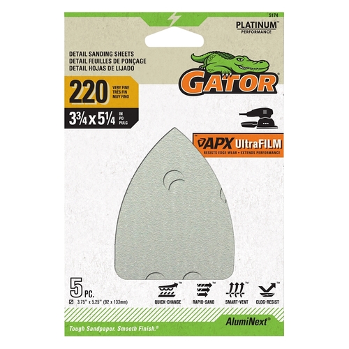 GATOR 5174 Mouse Sander Abrasive Sheet, 5-1/4 in L, 3-3/4 in W, Very Fine, 220 Grit, Aluminum Oxide Abrasive - pack of 5