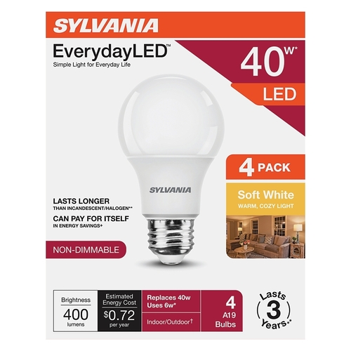 Sylvania 42012 BULB LED A19 SOFT WHITE 40W - pack of 4