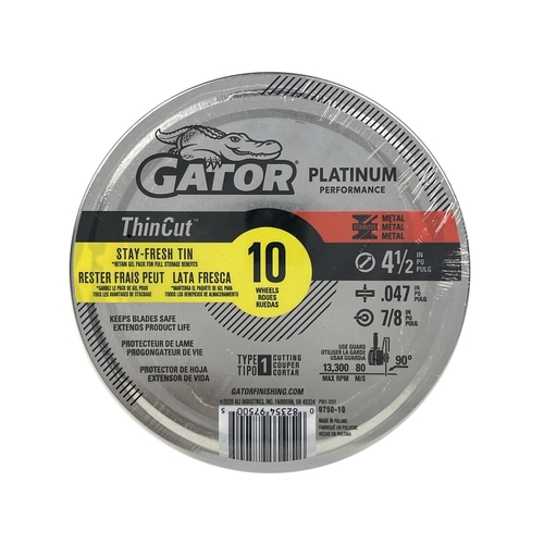 GATOR 975010 Cut-Off Wheel, 4-1/2 in Dia, 0.047 in Thick, 7/8 in Arbor, Aluminum Oxide Abrasive - pack of 10