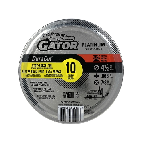 GATOR 975110 Cut-Off Wheel, 4-1/2 in Dia, 0.063 Thick, 7/8 in Arbor, Aluminum Oxide Abrasive - pack of 10