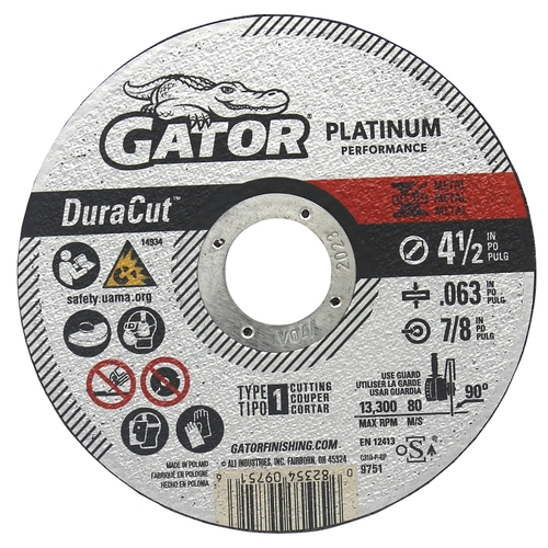 GATOR 9751 Cut-Off Wheel, 4-1/2 in Dia, 0.063 Thick, 7/8 in Arbor, Aluminum Oxide Abrasive