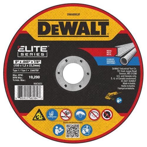 DEWALT DWA8953F Cutting Wheel Elite 6" D X 7/8" Metal/Steel