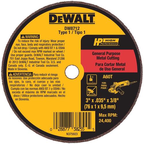 DEWALT DW8712 Cut-Off Wheel HP 3" D X 3/8" Aluminum Oxide Abrasive