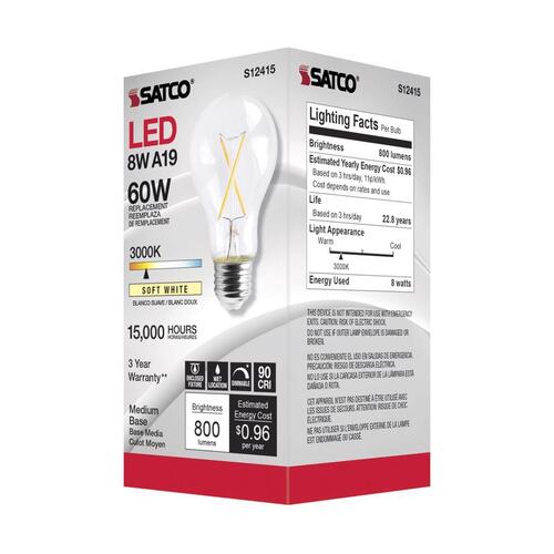 Filament LED Bulb A19 E26 (Medium) Soft White 60 Watt Equivalence Clear