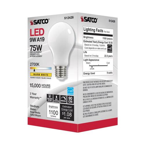 Satco S12426 LED Bulb A19 E26 (Medium) Soft White 75 Watt Equivalence Glass