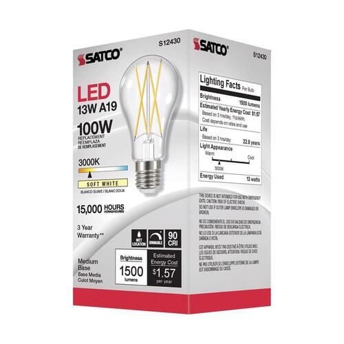 Satco S12430 Filament LED Bulb A19 E26 (Medium) Soft White 100 Watt Equivalence Clear