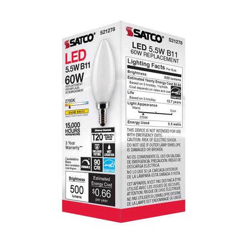 Satco S21278 Filament LED Bulb B11 E12 (Candelabra) Warm White 60 Watt Equivalence Frosted
