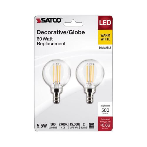 Satco S21814 Filament LED Bulb G16.5 E12 (Candelabra) Warm White 60 Watt Equivalence White