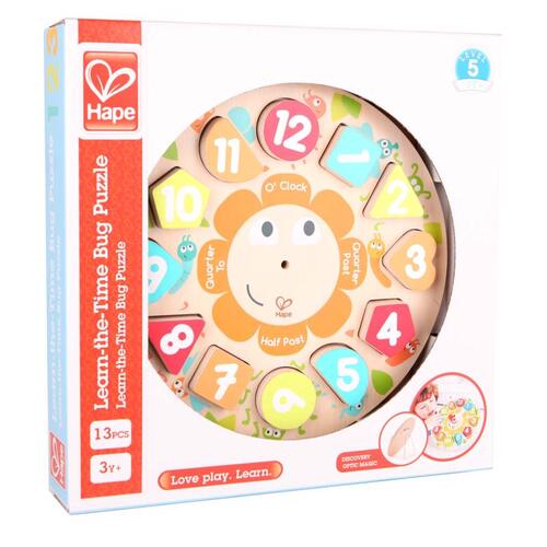 Hape Toys E1622 Chunky Clock Puzzle Hardwood Assorted 13 pc Assorted