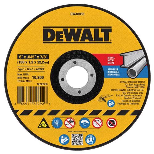 DEWALT DWA8053 Abrasive Chop / Cut-Off Blade, Aluminum Oxide, .045 x 6 In.