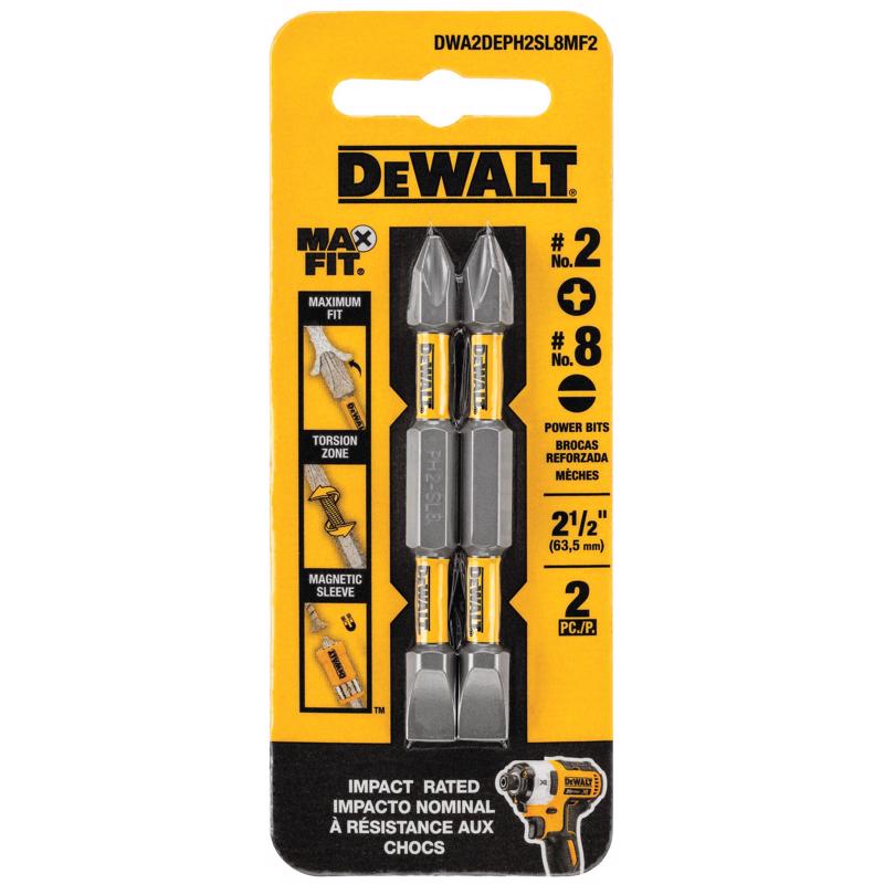 DEWALT DWA2DEPH2SL8MF2 Double-Ended Screwdriver Bit MaxFit Phillips/Slotted 2.5" L PH2/SL8 Steel