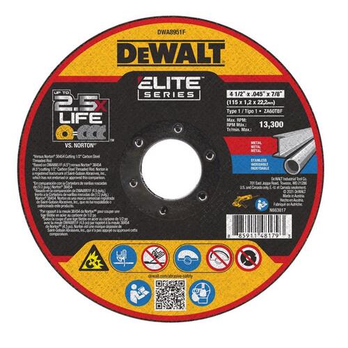 DEWALT DWA8951F Cutting Wheel Elite 4-1/2" D X 7/8" Ceramic