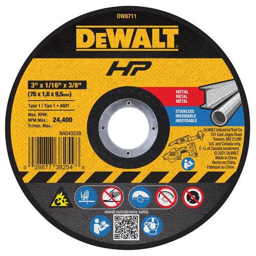 DEWALT DW8711 Cut-Off Wheel HP 3" D X 3/8" Aluminum Oxide Abrasive