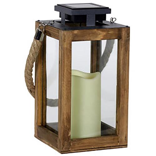 Exhart 17969 Solar Lantern with Candle 11" Solar Power Glass/Wood Black/Brown Black/Brown