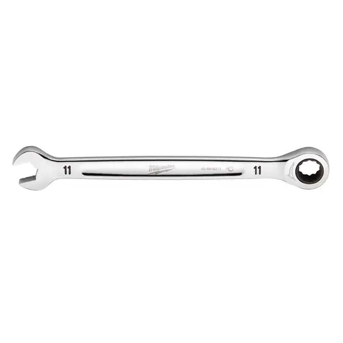 Ratcheting Combination Wrench, Metric, 11 mm Head, 6-3/4 in L, 12-Point, Steel, Chrome