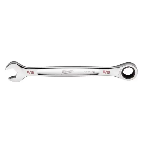 Ratcheting Combination Wrench, SAE, 11/16 in Head, 9.19 in L, 12-Point, Steel, Chrome