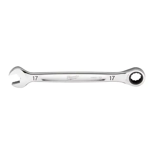 Ratcheting Combination Wrench, Metric, 17 mm Head, 9.19 in L, 12-Point, Steel, Chrome